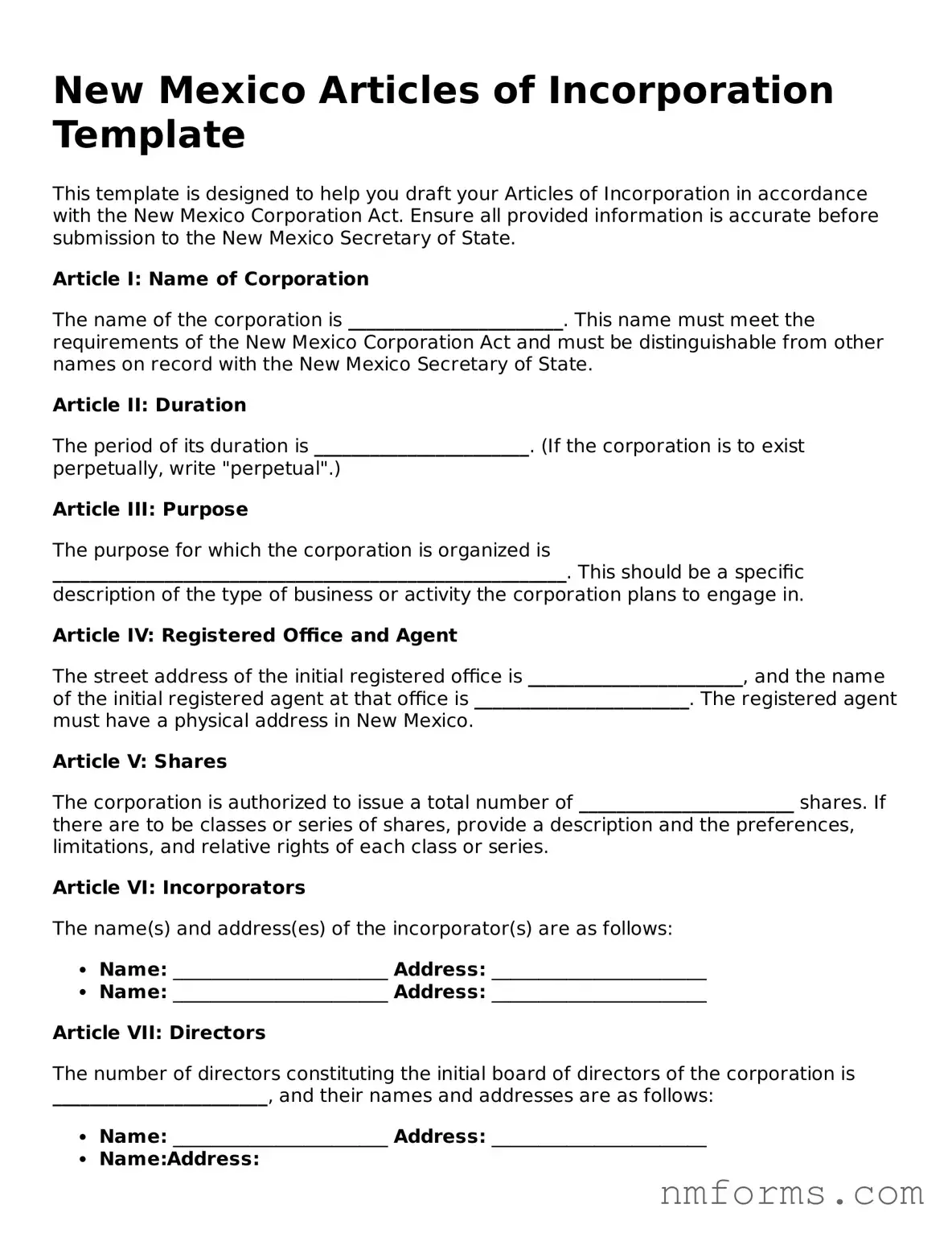 Attorney-Approved New Mexico Articles of Incorporation Document