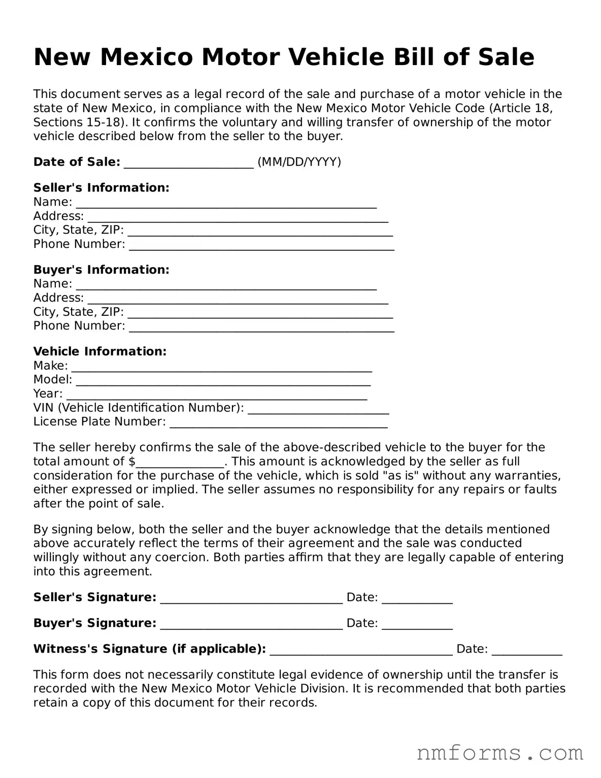 Attorney-Approved New Mexico Motor Vehicle Bill of Sale Document
