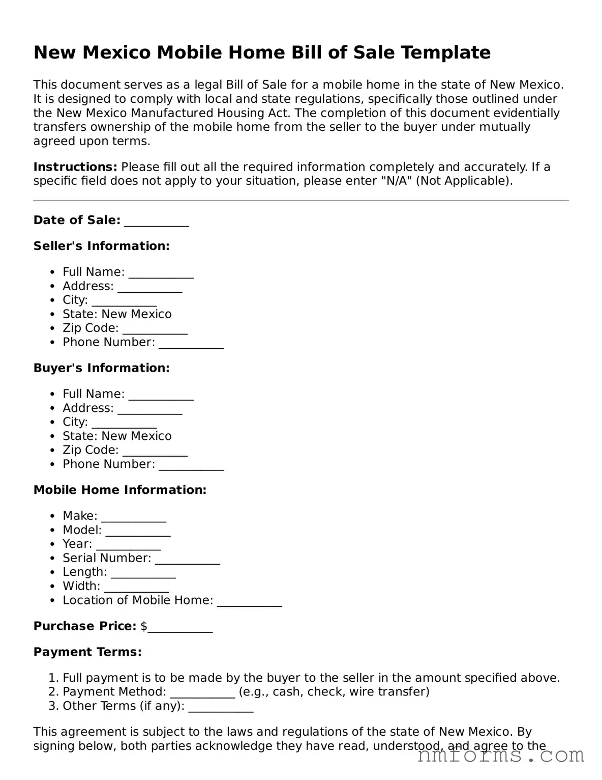 Attorney-Approved New Mexico Mobile Home Bill of Sale Document