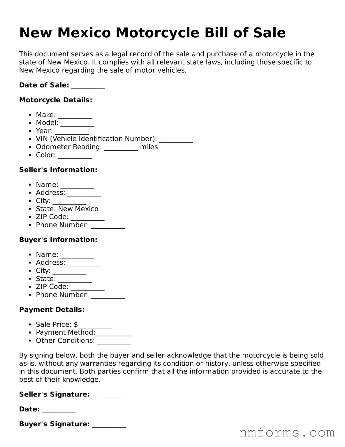 Attorney-Approved New Mexico Motorcycle Bill of Sale Document