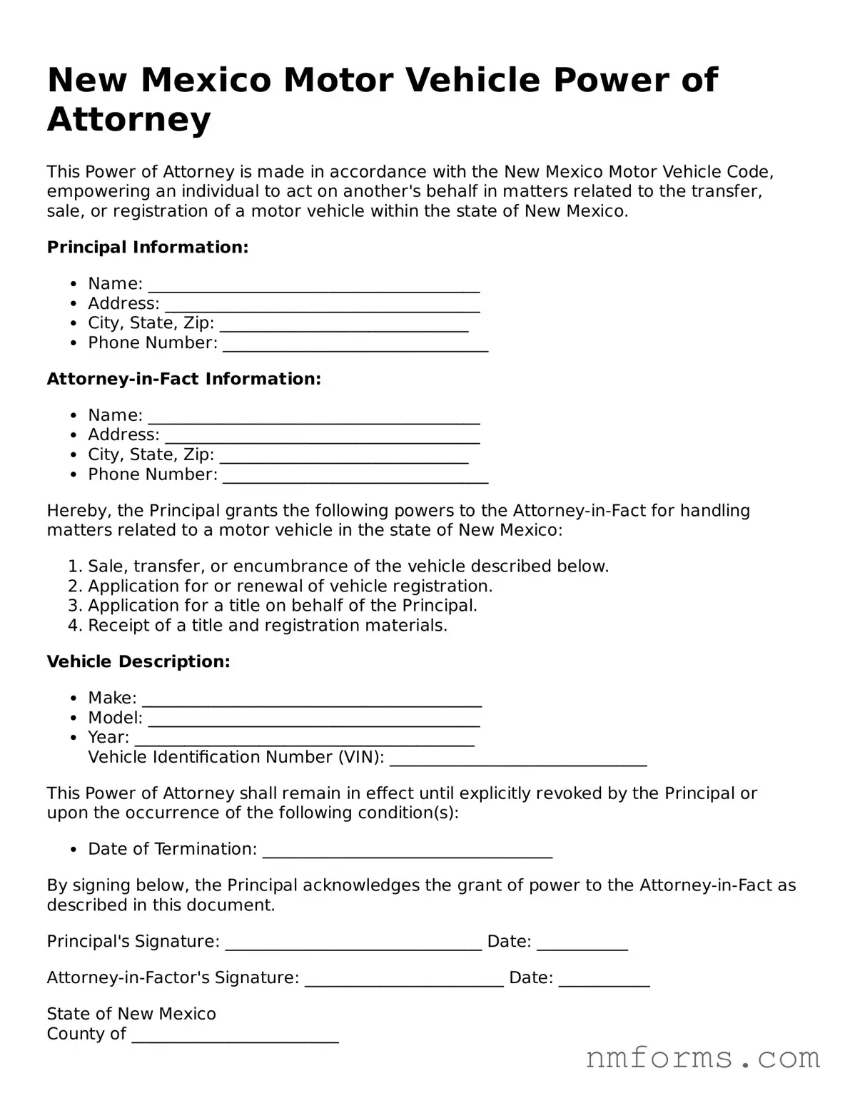 Attorney-Approved New Mexico Motor Vehicle Power of Attorney Document