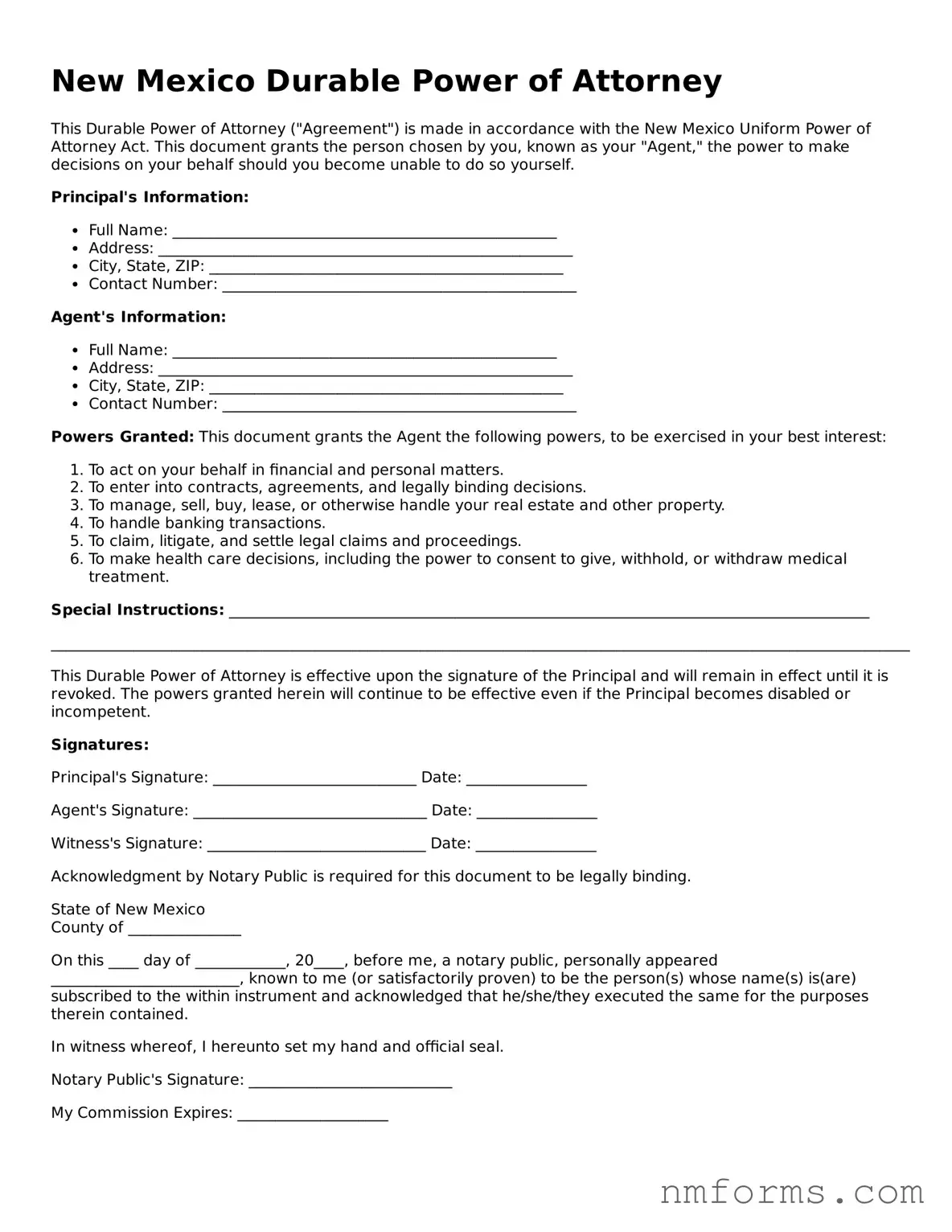 Attorney-Approved New Mexico Durable Power of Attorney Document
