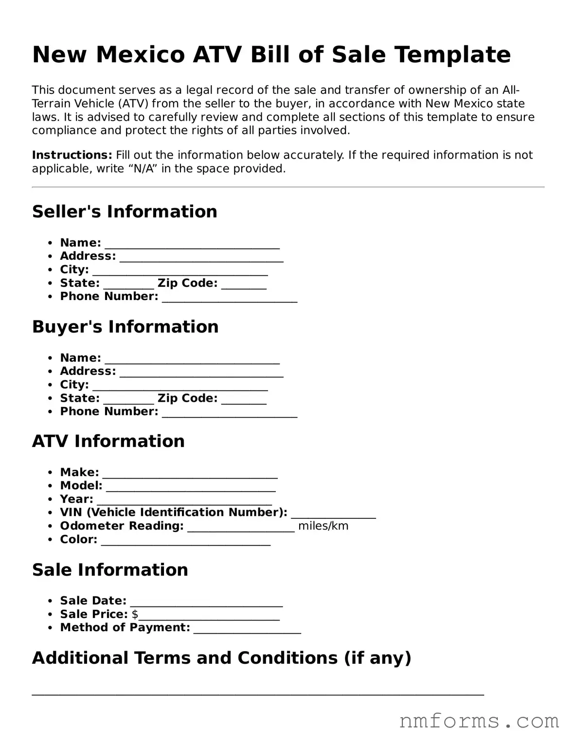 Attorney-Approved New Mexico ATV Bill of Sale Document