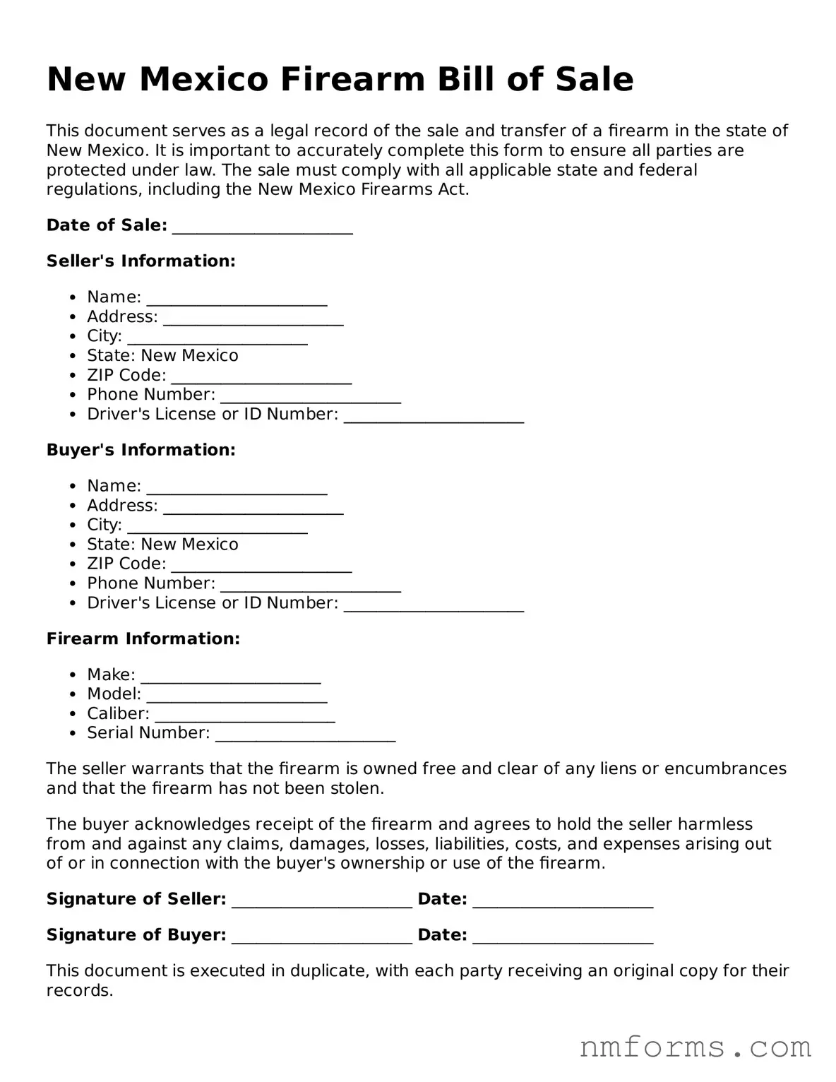 Attorney-Approved New Mexico Firearm Bill of Sale Document