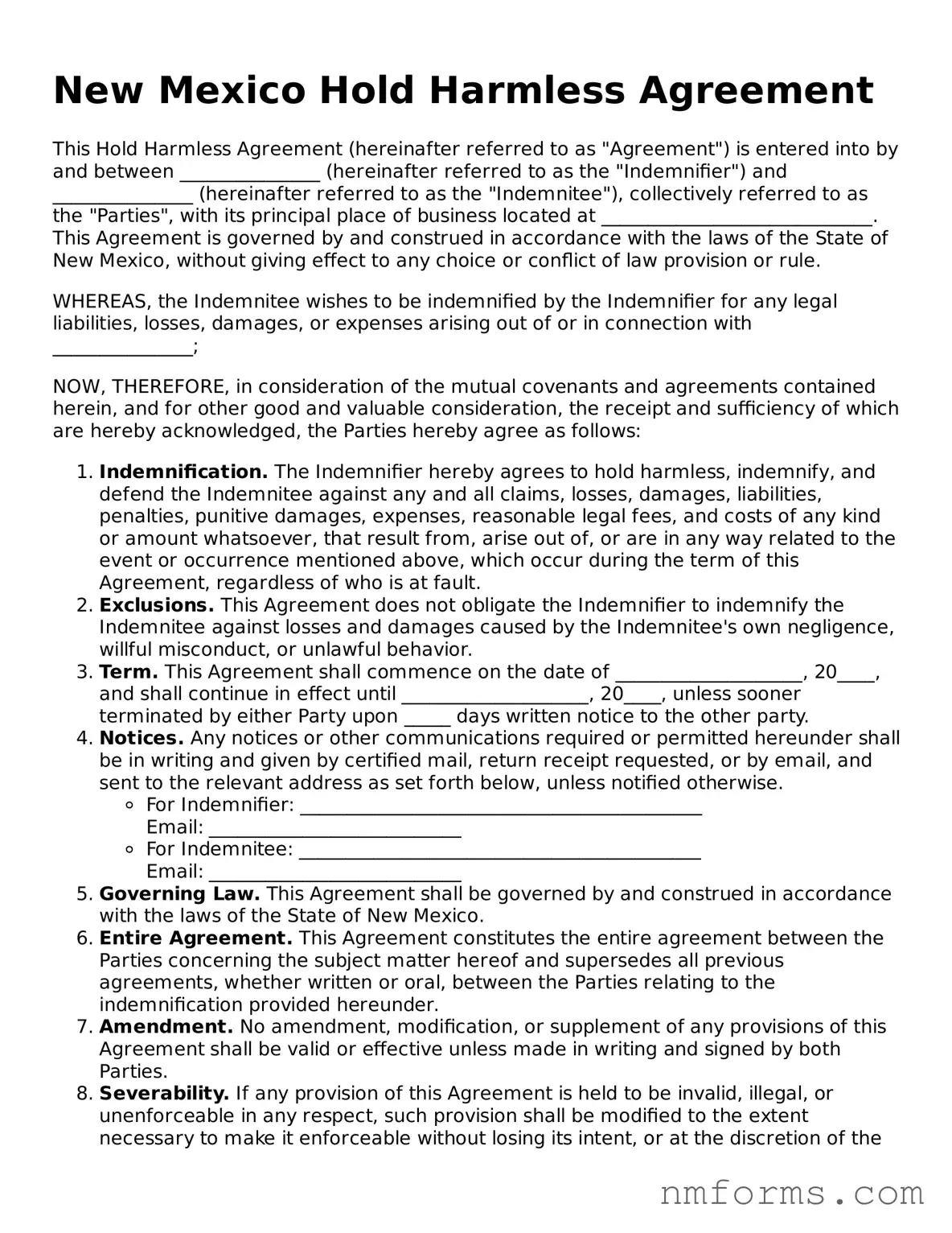 Attorney-Approved New Mexico Hold Harmless Agreement Document