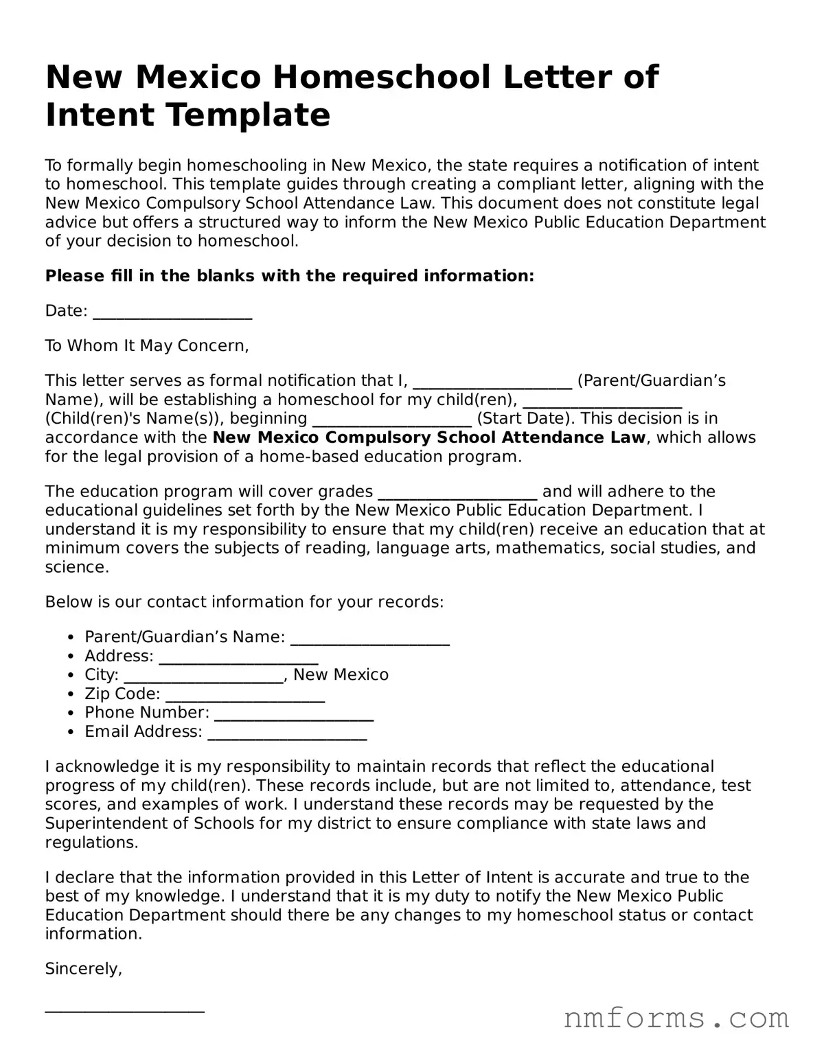 Attorney-Approved New Mexico Homeschool Letter of Intent Document