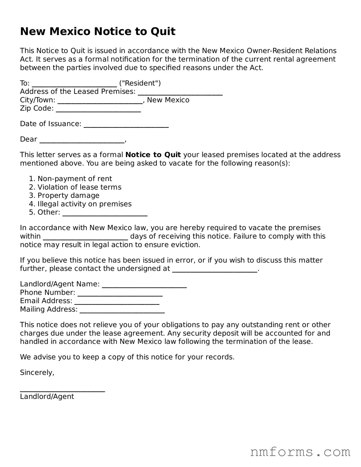 Attorney-Approved New Mexico Notice to Quit Document
