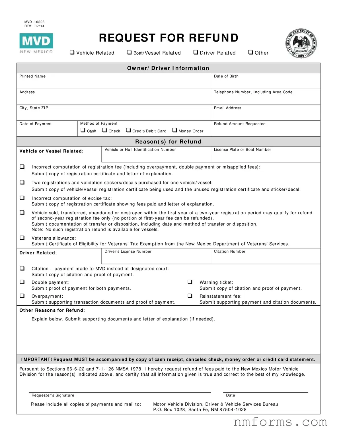Fill Out Your New Mexico Request For Refund Form